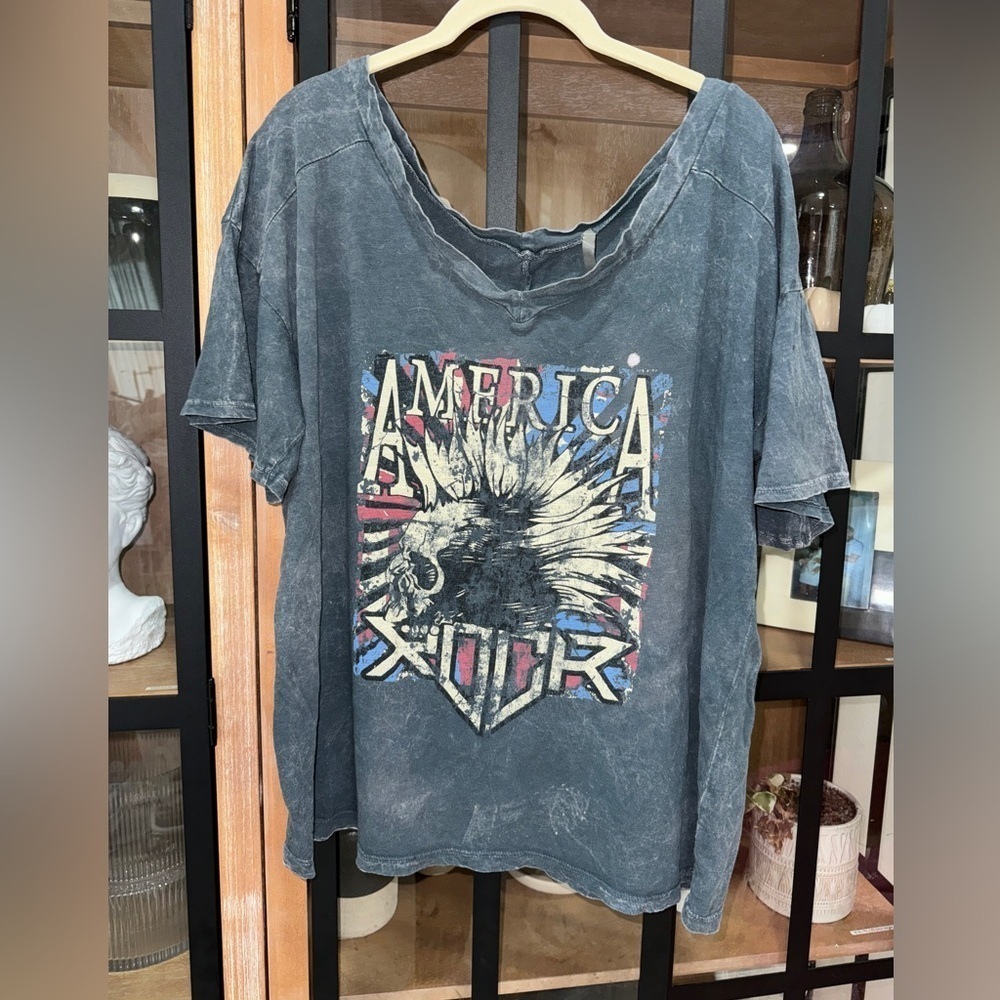 Akira america rock graphic tee wide v boat neck acid wash faded Tshirt skull